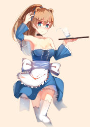 Rule 34 | 10s, 1girl, absurdres, animal ear legwear, animal ears, apron, armpits, bare shoulders, bear ears, beige background, blue hair, blue ribbon, breasts, brown hair, choker, closed mouth, collarbone, cowboy shot, cropped legs, cup, detached sleeves, dress, drinking glass, eyebrows, frilled apron, frills, frown, gin00, glass, gradient hair, hair between eyes, hair ribbon, hand up, high ponytail, highres, holding, holding tray, kantai collection, kemonomimi mode, kumano (kancolle), liquid, long hair, long sleeves, md5 mismatch, medium breasts, multicolored hair, panties, pantyshot, petticoat, ponytail, ribbon, simple background, solo, spill, spilling, standing, strapless, strapless dress, tareme, thighhighs, tray, underwear, waist apron, waitress, water, wavy mouth, white thighhighs, yellow background