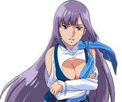 Rule 34 | 1girl, 80s, bare shoulders, belt, breasts, brown eyes, cleavage, crossed arms, earrings, fashion, gundam, gundam zz, happy, jewelry, large breasts, long hair, looking at viewer, official art, oldschool, parted lips, purple hair, retro artstyle, roux louka, seductive smile, shiny skin, smile, smug, solo, teeth, upper body