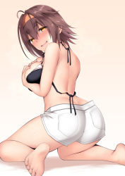 Rule 34 | ass, barefoot, bikini, bikini top only, breast press, breasts, brown eyes, brown hair, from behind, highres, kantai collection, kuromayu, large breasts, looking back, medium hair, shiratsuyu (kancolle), shorts, simple background, soles, solo, swimsuit, white shorts