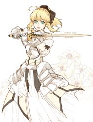Rule 34 | 1girl, ahoge, armor, armored dress, artoria pendragon (all), artoria pendragon (fate), bare shoulders, blonde hair, bow, caliburn (fate), dated, detached sleeves, fate/grand order, fate/stay night, fate/unlimited codes, fate (series), gauntlets, green eyes, hair bow, highres, holding, holding sword, holding weapon, orca9102, ponytail, saber (fate), saber lily, simple background, solo, standing, sword, weapon, white background