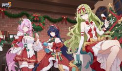 Rule 34 | 3girls, alcohol, antlers, artist request, bare shoulders, boots, bow, bowtie, breasts, candy, candy cane, chimney, christmas, christmas ornaments, christmas present, christmas tree, christmas wreath, cleavage, crossed legs, cup, detached sleeves, dress, drinking glass, elysia (honkai impact), elysia (miss pink elf) (honkai impact), fake horns, food, gift, green bow, green bowtie, green eyes, green hair, hair between eyes, hair bow, hair ornament, hand on own hip, hat, highres, holding, holding cup, honkai (series), honkai impact 3rd, horns, indoors, long hair, long sleeves, mobius (honkai impact), multiple girls, official art, one eye closed, pink eyes, pink hair, pointy ears, purple eyes, purple hair, raiden mei, red dress, red footwear, santa costume, santa hat, sitting, sleeveless, thigh boots, thighhighs, white sleeves, window, wine, wine glass, wreath