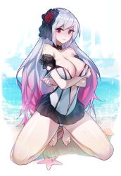 Rule 34 | 1girl, bad id, bad pixiv id, barefoot, beach, blush, breasts, choker, crossed arms, dungeon and fighter, embarrassed, female gunner (dungeon and fighter), kneeling, large breasts, long hair, ludaf, multicolored hair, nipple slip, nipples, ocean, one-piece swimsuit, red eyes, sand, see-through, smile, swimsuit, white hair