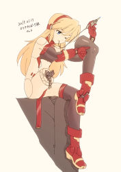 Rule 34 | 1girl, 2015, blonde hair, blue eyes, cyborg, damaged, dated, mechanical parts, mouth hold, original, rf400rv, solo, thighhighs, tools