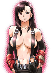 Rule 34 | 1990s (style), 1girl, belt, breasts, brown hair, earrings, elbow gloves, final fantasy, final fantasy vii, fingerless gloves, gloves, jewelry, large breasts, long hair, naked suspenders, navel, overalls, red eyes, retro artstyle, revealing clothes, smile, solo, suspenders, tifa lockhart, topless, ueyama michirou