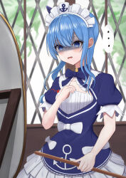 Rule 34 | ..., 1girl, absurdres, alternate costume, anchor print, anchor symbol, blue bow, blue bowtie, blue dress, blue eyes, blue hair, blush, bow, bowtie, breast conscious, commentary request, cosplay, dress, dress bow, enmaided, frilled dress, frills, gloom (expression), highres, hololive, hoshimachi suisei, looking at mirror, maid, maid headdress, medium hair, minato aqua, minato aqua (1st costume), minato aqua (cosplay), mirror, nail polish, open mouth, puffy short sleeves, puffy sleeves, shizukami chiro, short dress, short sleeves, side ponytail, sidelocks, solo, spoken ellipsis, star (symbol), star in eye, symbol in eye, virtual youtuber, wavy mouth, white bow