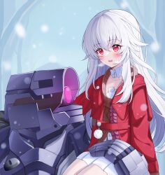 Rule 34 | 1girl, absurdres, clara (honkai: star rail), highres, honkai: star rail, honkai (series), jacket, long hair, looking at viewer, lorian (ahrs3558), red eyes, red jacket, robot, skirt, solo, thighs, white hair, white skirt