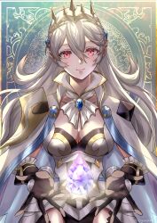 Rule 34 | 1girl, blue trim, breasts, brooch, cape, cleavage, corrin (female) (silent bloodline) (fire emblem), corrin (fire emblem), crown, dragonstone, fire emblem, fire emblem fates, fire emblem heroes, gauntlets, gold trim, grey hair, highres, jewelry, long hair, looking at viewer, medium breasts, nintendo, official alternate costume, official art, pointy ears, red eyes, smile, snow20200, solo, upper body, white cape