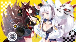 Rule 34 | 2girls, akagi (azur lane), animal ears, arm up, azur lane, black kimono, blue eyes, blue skirt, blurry, blurry foreground, breasts, brown hair, cleavage, commentary request, depth of field, fox ears, fox girl, fox mask, fox tail, highres, japanese clothes, kaga (azur lane), kimono, kitsune, kyuubi, large breasts, long hair, long sleeves, looking at viewer, mask, unworn mask, multiple girls, multiple tails, parted lips, pleated skirt, red eyes, red skirt, silver hair, skirt, smile, tail, very long hair, white kimono, wide sleeves, yamaguchi shinnosuke