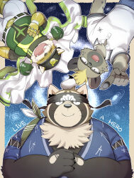 Rule 34 | 3boys, animal ears, anniversary, black headband, cape, claws, closed eyes, commentary request, copyright name, dog boy, dog ears, furry, furry male, furry with furry, galaxy, glasses, hand on own chest, hands on own chest, headband, highres, hyena boy, hyena ears, japanese clothes, kimono, kinoshita jiroh, live a hero, looking up, lying, milestone celebration, multiple boys, nose bubble, on back, pointing, pointing up, procy (live a hero), raccoon boy, raccoon ears, roiker (live a hero), shirt, shoen (live a hero), sleeping, snoring, spiked pauldrons, star (sky), star (symbol), white cape, white shirt, yukata
