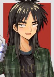 Rule 34 | 1boy, asahi breweries, beer can, black hair, black shirt, can, commentary request, drink can, facial scar, fang, gloves, green shirt, grey background, highres, holding, holding can, itou kaiji, kaiji, long hair, looking at viewer, male focus, medium bangs, open clothes, open mouth, open shirt, parted bangs, plaid, plaid shirt, po xxxo2, pointy nose, red background, scar, scar on cheek, scar on face, shirt, simple background, skin fang, smile, solo, the high-lows, two-tone background, undershirt, upper body, white gloves