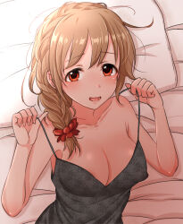 Rule 34 | 1girl, areola slip, bare shoulders, bed sheet, black negligee, blush, braid, breasts, brown eyes, brown hair, cleavage, collarbone, covered erect nipples, dot nose, hair over shoulder, hands up, highres, idolmaster, idolmaster cinderella girls, idolmaster cinderella girls starlight stage, long hair, looking at viewer, lying, mariabowl, medium breasts, messy hair, on back, on bed, open mouth, pillow, senkawa chihiro, shy, single braid, smile, solo, strap pull