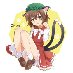 Rule 34 | 1girl, animal ears, bad id, bad pixiv id, blush, bow, brown eyes, brown hair, cat ears, cat tail, character name, chen, dress, earrings, fang, hat, jewelry, long sleeves, looking at viewer, mob cap, multiple tails, nagijin, nekomata, open mouth, paw pose, paw print, red dress, red skirt, shirt, single earring, sitting, skirt, smile, solo, tail, touhou, two tails