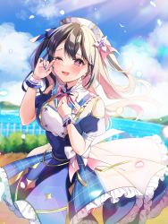 Rule 34 | 1girl, absurdres, anzu 1026, black hair, blurry, blurry background, character request, cloud, copyright request, day, dress, hands up, highres, long hair, looking at viewer, one eye closed, open mouth, petals, pink eyes, short dress, short sleeves, sky, solo, two side up, virtual youtuber