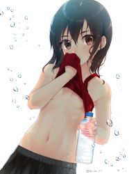 Rule 34 | 1girl, bare arms, bare shoulders, black shorts, blush, bottle, breasts, brown eyes, brown hair, clothes lift, dutch angle, female focus, hair between eyes, holding, holding bottle, koruri, lifted by self, looking at viewer, medium hair, navel, no bra, original, parted lips, red tank top, shirt lift, shorts, simple background, sleeves past wrists, small breasts, solo, stomach, sweat, tank top, tareme, toned, twitter username, underboob, water, water bottle, water drop, wet, wet hair, white background, wiping face
