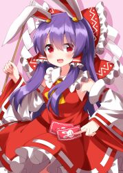 Rule 34 | 1girl, animal ears, ascot, bare shoulders, blush, bow, cosplay, detached sleeves, frilled skirt, frills, gohei, hair between eyes, hair bow, hair tubes, hakurei reimu, hakurei reimu (cosplay), highres, holding, holding gohei, japanese clothes, long hair, looking at viewer, nontraditional miko, ofuda, open mouth, purple hair, rabbit ears, red bow, red eyes, red skirt, reisen udongein inaba, ribbon-trimmed sleeves, ribbon trim, ruu (tksymkw), sidelocks, skirt, smile, solo, touhou, white sleeves, wide sleeves, yellow ascot
