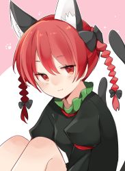 Rule 34 | 1girl, :3, animal ear fluff, animal ears, black bow, blush, bow, braid, cat ears, cat tail, dress, green dress, kaenbyou rin, katsuobushi (eba games), knees, looking at viewer, multiple tails, one-hour drawing challenge, paw print, pointy ears, puffy sleeves, red eyes, red hair, simple background, sitting, solo, tail, touhou, twin braids, two tails