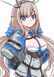 Rule 34 | 1girl, between breasts, black gloves, blue bow, blue eyes, blue necktie, bow, breasts, capelet, dress, gloves, grey capelet, grey dress, hands on own hips, headgear, highres, kantai collection, large breasts, light brown hair, long hair, low twintails, maryland (kancolle), necktie, necktie between breasts, one-hour drawing challenge, pirikara spicy tapioca, radio antenna, shirt, sleeveless, solo, strapless, strapless dress, twintails, white shirt