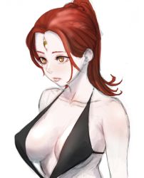Rule 34 | 1girl, black one-piece swimsuit, breasts, brown eyes, cleavage, collarbone, expressionless, hair behind ear, highres, looking ahead, medium breasts, nori (arara105), one-piece swimsuit, original, ponytail, red hair, slingshot swimsuit, solo, swimsuit, third eye, upper body, white background