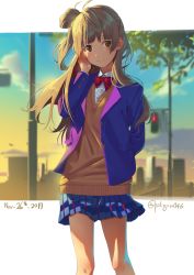 Rule 34 | 1girl, arm behind back, blazer, brown eyes, brown hair, checkered clothes, checkered skirt, dated, hair rings, hand in own hair, jacket, long hair, looking at viewer, love live!, love live! school idol project, minami kotori, neck ribbon, poligon (046), ribbon, school uniform, side ponytail, skirt, smile, solo, sweater, twitter username