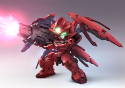 Rule 34 | absurdres, beam rifle, chibi, chinese commentary, commentary request, energy gun, firing, glowing, glowing eye, gradient background, green eyes, gun, gundam, gundam 00, gundam 00f, gundam astraea type-f, highres, holding, holding gun, holding weapon, legs apart, making-of available, mecha, mobile suit, no humans, robot, science fiction, sd gundam, solo, standing, v-fin, weapon, zakuma