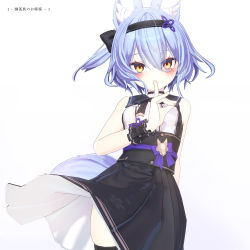 Rule 34 | 3d, absurdres, animal ear fluff, animal ears, armadillon, bare shoulders, black choker, black dress, black hairband, black thighhighs, blue hair, blush, choker, closed mouth, dress, finger to mouth, fox ears, fox tail, friendly planet (armadilion), hair between eyes, hairband, highres, index finger raised, looking at viewer, original, skindentation, sleeveless, sleeveless dress, solo, tail, thighhighs, vrchat, white background, wrist cuffs, yellow eyes, yuuko-zoku no onee-chan