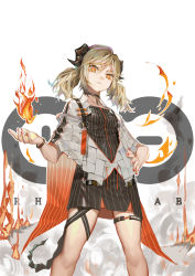 Rule 34 | 1girl, absurdres, arknights, black choker, black dress, blonde hair, bright pupils, choker, clay (clayjun), closed mouth, commentary request, demon girl, demon horns, demon tail, dress, feet out of frame, fire, grey jacket, hand on own hip, highres, horns, ifrit (arknights), jacket, long hair, looking at viewer, low twintails, nail polish, open clothes, open jacket, orange eyes, pyrokinesis, red nails, rhine lab logo, serious, short sleeves, smoke, solo, standing, striped clothes, striped dress, tail, thigh gap, twintails, vertical-striped clothes, vertical-striped dress, wristband