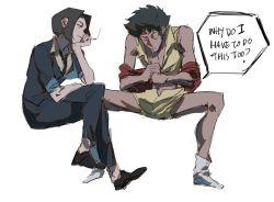 Rule 34 | 1girl, cosplay, cowboy bebop, english text, faye valentine, faye valentine (cosplay), pants, simple background, spike spiegel, spike spiegel (cosplay), white background