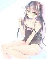 Rule 34 | 10s, 1girl, asashio (kancolle), black hair, blush, clothes pull, gradient background, green eyes, highres, kantai collection, long hair, mil (siratamamil), name tag, one-piece swimsuit, one-piece swimsuit pull, school swimsuit, sitting, smile, solo, swimsuit