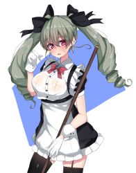 Rule 34 | 1girl, absurdres, alternate costume, anchovy (girls und panzer), black bow, black thighhighs, blush, bow, breasts, drill hair, earrings, garter straps, girls und panzer, gloves, green hair, hair bow, highres, jewelry, kshimu, large breasts, long hair, looking at viewer, maid, pink eyes, red bow, short sleeves, solo, sweat, thighhighs, twin drills, wet, wet clothes, white gloves, wrist cuffs