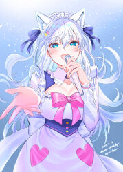 Rule 34 | 1girl, absurdres, animal ear fluff, animal ears, black ribbon, blue background, blue eyes, blush, bow, bowtie, breasts, cat ears, cleavage, cleavage cutout, clothing cutout, commentary request, dated, dress, hair ornament, hair ribbon, heart, heart hair ornament, highres, holding, holding microphone, large breasts, light particles, long hair, long shirt, long sleeves, looking at viewer, maid headdress, microphone, music, noripro, open mouth, pink bow, pink bowtie, reaching, reaching towards viewer, ribbon, shirayuki mishiro, singing, smile, solo, twitter username, virtual youtuber, white dress, white hair, yuri kyanon