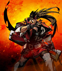 Rule 34 | 1boy, abstract background, arm up, belt, brown eyes, brown gloves, brown hair, clenched hand, closed mouth, coat, collarbone, commentary, cover, cowboy shot, english text, expressionless, fingerless gloves, fire, floating hair, forehead protector, gloves, guilty gear, guilty gear strive, headband, highres, holding, holding sword, holding weapon, ishiwatari daisuke, jacket, long hair, long sleeves, looking afar, looking away, looking up, male focus, multicolored background, muscular, muscular male, official art, open clothes, orange background, orange theme, pants, pectoral cleavage, pectorals, ponytail, red background, red headband, red jacket, red theme, sol badguy, solo, standing, sword, video game cover, weapon, zipper