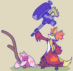 animal_ears body_fur colored_skin creatures_(company) delphox fox_ears fox_tail furry game_freak gardear058 gen_6_pokemon hammer highres holding holding_weapon horns nintendo orange_eyes pink_skin pokemon pokemon_(creature) simple_background standing stick tail tinkaton weapon