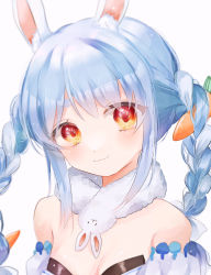 Rule 34 | 1girl, :3, animal ear fluff, animal ears, bad id, bad pixiv id, bare shoulders, black leotard, blue hair, blush, braid, breasts, carrot hair ornament, closed mouth, commentary, detached sleeves, don-chan (usada pekora), eye focus, eye reflection, food-themed hair ornament, fur scarf, hair ornament, highres, hikimayu, hololive, leotard, leotard under clothes, long hair, looking at viewer, multicolored hair, orange eyes, portrait, puffy sleeves, rabbit ears, reflection, sameta (sametadayo), scarf, sidelocks, simple background, small breasts, smile, solo, strapless, strapless leotard, thick eyebrows, twin braids, twintails, two-tone hair, usada pekora, usada pekora (1st costume), virtual youtuber, white background, white hair, white scarf, white sleeves