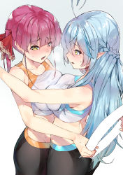 Rule 34 | 2girls, absurdres, ahoge, armpits, ass, bare shoulders, blue hair, blush, breast press, breasts, breath, collarbone, elf, face-to-face, hair ribbon, heart, heart ahoge, heavy breathing, heterochromia, highres, holding, hololive, houshou marine, koubou (cowbow kun), large breasts, leggings, long hair, multiple girls, open mouth, pointy ears, red eyes, ribbon, ring fit adventure, short hair, simple background, sports bra, standing, steam, sweat, symmetrical docking, virtual youtuber, white background, yellow eyes, yukihana lamy