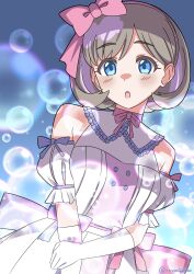 Rule 34 | 1girl, :o, absurdres, artist name, bare shoulders, blue eyes, blush, bow hairband, bubble, commentary, detached sleeves, dress, dutch angle, elbow gloves, gloves, grey hair, hairband, highres, looking at viewer, love live!, love live! superstar!!, multicolored hair, open mouth, pink hairband, puffy detached sleeves, puffy sleeves, ribbon, rinon42600, short hair, sleeveless, sleeveless dress, solo, tang keke, tiny stars, upper body, white dress, white gloves, white sleeves