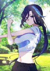 Rule 34 | 1girl, absurdres, alternate costume, bench, black pants, blue hair, blue shirt, blurry, blurry background, breasts, clorinde (genshin impact), closed mouth, commentary request, day, genshin impact, highres, large breasts, long hair, long hair between eyes, looking at viewer, low ponytail, midriff, momosarami, multicolored hair, navel, outdoors, pants, park, park bench, purple eyes, shirt, short sleeves, solo, streaked hair, stretching, sweatpants