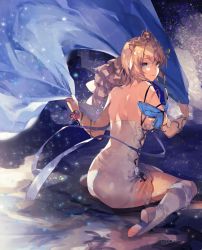 Rule 34 | 1girl, armlet, back, bare shoulders, blonde hair, blue eyes, blue ribbon, boots, breasts, commentary request, dress, europa (granblue fantasy), flower, granblue fantasy, hair ornament, high heel boots, high heels, hyakuhachi (over3), knee boots, looking back, medium breasts, ribbon, rose, short dress, short hair, sideboob, sitting, solo, thighs, tiara, veil, wariza, white dress, white footwear