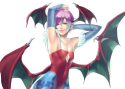 Rule 34 | 1girl, adjusting hair, animal print, armpits, arms up, bare shoulders, bat print, bat wings, breasts, bridal gauntlets, capcom, cleavage, cleavage cutout, clothing cutout, covered navel, demon girl, demon wings, elbow gloves, flat chest, gloves, head wings, hip focus, leotard, lilith aensland, pantyhose, patterned legwear, print pantyhose, purple hair, red eyes, red leotard, rokuro (ryvius), short hair, simple background, small breasts, solo, tell (teruhisa428), vampire (game), white background, wings