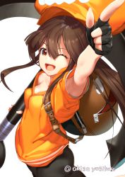 Rule 34 | 1girl, akisa yositake, anchor, armpits, backpack, bag, bike shorts, breasts, brown eyes, brown hair, cabbie hat, commentary request, covered erect nipples, fingerless gloves, gloves, guilty gear, guilty gear strive, hat, highres, hood, hoodie, huge weapon, impossible clothes, long hair, may (guilty gear), no bra, one eye closed, open mouth, orange hat, orange hoodie, pointing, pointing at viewer, short sleeves, small breasts, solo, weapon