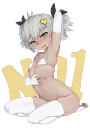 Rule 34 | 1girl, arm up, armpits, bikini, blush, breasts, bright pupils, covered erect nipples, dark-skinned female, dark skin, deep skin, elbow gloves, fang, feet, fingerless gloves, full body, girls&#039; frontline, gloves, green eyes, grey hair, hair between eyes, hair ornament, hair ribbon, hairpin, highres, klin (girls&#039; frontline), kylin, leaning forward, navel, no shoes, open mouth, ribbon, ribs, seiza, short hair, short twintails, simple background, sitting, skindentation, small breasts, solo, string bikini, sweat, swimsuit, thighhighs, toe scrunch, toeless legwear, toes, twintails, wavy mouth, white bikini, white thighhighs