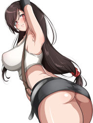 Rule 34 | 1girl, arm up, armpits, ass, belt, black skirt, black thighhighs, blush, breasts, brown hair, closed mouth, crop top, female focus, final fantasy, final fantasy vii, from behind, from below, happy, highres, hyuuman, large breasts, long hair, looking at viewer, looking back, midriff, miniskirt, pencil skirt, ponytail, red eyes, scrunchie, shiny skin, shirt, simple background, skirt, sleeveless, sleeveless shirt, smile, solo, standing, suspenders, thighhighs, tifa lockhart, white background, white shirt