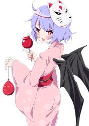 Rule 34 | 1girl, alternate costume, ass, bat wings, blue hair, blush, bright pupils, candy apple, commentary request, cowboy shot, fang, fingernails, floral print, food, fox mask, fruit, highres, holding, holding food, holding fruit, index finger raised, japanese clothes, kimono, looking at viewer, looking back, mask, mask on head, nail polish, obi, open mouth, partial commentary, pink kimono, red eyes, red nails, remilia scarlet, sash, sharp fingernails, simple background, skin fang, sleeves past wrists, solo, standing, touhou, tsukimirin, water yoyo, white background, white pupils, wings, yukata