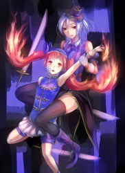 Rule 34 | 10s, 2girls, :p, armpits, bare shoulders, black legwear, cardfight!! vanguard, chinese clothes, fire, fire juggler, gloves, hat, multiple girls, red eyes, sukumo (kemutai), sword, sword magician sarah, tongue, tongue out, weapon, white gloves