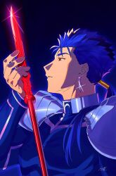 Rule 34 | 1boy, armor, blue hair, cu chulainn (fate), earrings, fate/stay night, fate (series), fingernails, glint, gradient background, hair over shoulder, hal (haaaalhal), highres, holding, holding polearm, holding weapon, jewelry, large pectorals, long hair, looking to the side, male focus, parted lips, pectorals, polearm, red eyes, shoulder armor, spear, weapon
