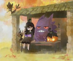 Rule 34 | 1girl, ahoge, bedupolker, bench, bird, black dress, black footwear, black hair, closed mouth, commentary, creature, creatures (company), dress, english commentary, frown, game freak, gen 1 pokemon, gen 2 pokemon, gen 6 pokemon, gengar, ghost, grass, hex maniac (pokemon), long hair, murkrow, nintendo, outdoors, phantump, pokemon, pokemon (creature), pokemon xy, pumpkaboo, purple eyes, reading, shoes, sitting, yellow eyes