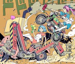 Rule 34 | 2girls, apron, black eyes, blue footwear, blue hair, blue ribbon, blue shirt, blue shorts, commentary request, crossed legs, debris, dirtbike, drill, driving, dust cloud, exhaust, feet on dashboard, floating hair, from side, grin, hair ribbon, hammer, highres, holding, holding hammer, holding water gun, long hair, looking ahead, looking at another, looking to the side, machinery, midair, motor vehicle, motorcycle, multiple girls, omega ray, omega rio, omega sisters, orange background, outstretched arm, pink hair, puffy short sleeves, puffy sleeves, reclining, red ribbon, red shirt, red shorts, ribbon, shirt, shoes, short sleeves, shorts, siblings, sisters, smile, tamo (gaikogaigaiko), thighhighs, toy hammer, twintails, v-shaped eyebrows, vehicle request, virtual youtuber, water gun, white apron, white thighhighs