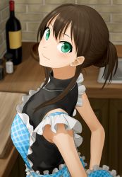 Rule 34 | 1girl, absurdres, apron, arms behind back, black shirt, blue apron, blurry, blurry background, brown hair, closed mouth, earrings, frilled apron, frills, from side, gishu, green eyes, hair between eyes, hair bun, highres, idolmaster, idolmaster cinderella girls, indoors, jewelry, kitchen, looking at viewer, necklace, plaid, plaid apron, shibuya rin, shirt, short hair with long locks, sidelocks, single hair bun, sleeveless, sleeveless shirt, smile, solo, standing, upper body