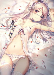 Rule 34 | 1girl, :3, armpits, babydoll, bare arms, bare shoulders, bed sheet, black choker, black ribbon, breasts, choker, closed mouth, collarbone, commentary request, cowboy shot, eyepatch, floral print, flower, frills, gluteal fold, groin, hair spread out, hand on own chest, hand up, headdress, highres, huwari (dnwls3010), lace, lace-trimmed legwear, lace trim, light, light particles, lingerie, long hair, looking at viewer, lying, navel, on back, original, panties, petals, pillow, red eyes, ribbon, rose print, see-through, shade, side-tie panties, silver hair, small breasts, solo, spaghetti strap, stomach, thighhighs, underwear, white flower, white panties, white thighhighs, wrist ribbon