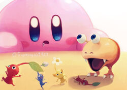 Rule 34 | arms up, artist name, black eyes, blue eyes, blue pikmin, blush, blush stickers, bud, bulborb, claws, commentary request, company connection, crossover, drooling, fangs, flower, kirby, kirby (series), leaf, looking at another, looking back, lying, nintendo, on back, open mouth, pikmin (creature), pikmin (series), red pikmin, running, shadow, simple background, standing, star (symbol), suyasuyabi, table, twitter username, white background, white flower, yellow pikmin