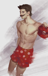 Rule 34 | 1boy, abs, blue eyes, brown hair, facial hair, feet out of frame, hat, unworn hat, unworn headwear, highres, holding, holding clothes, holding hat, looking to the side, male focus, male swimwear, mario, mario (series), mustache, nintendo, polka dot, polka dot male swimwear, polka dot swimsuit, print male swimwear, print swim trunks, print swimsuit, realistic, red male swimwear, red swim trunks, solo, str (str2016), super mario odyssey, swim trunks, swimsuit, topless male, weibo username